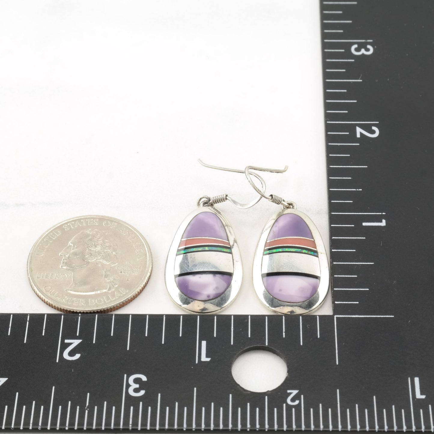 Native American Purple Inlay Fish Hook Earrings Sterling Silver