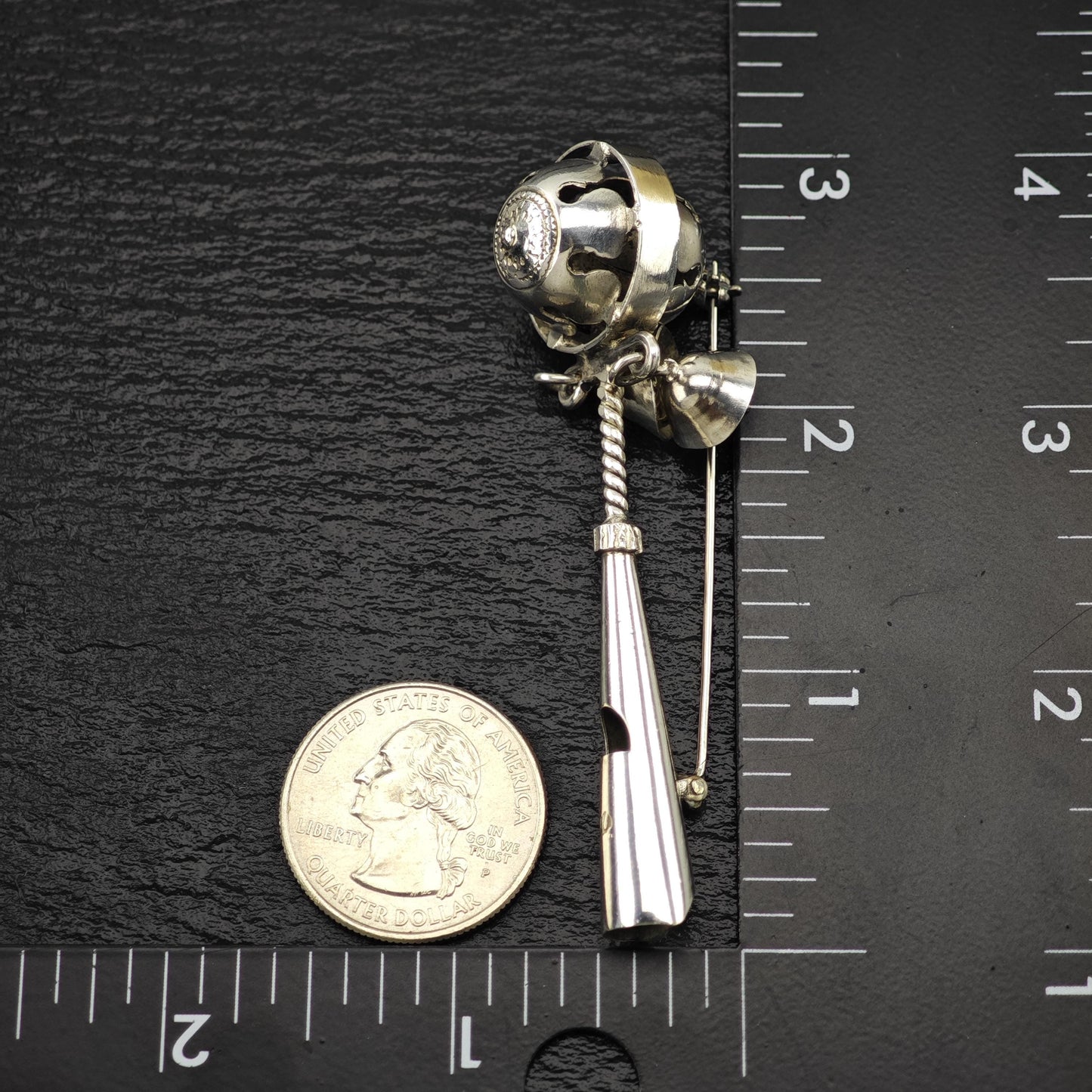 Vintage Old Sterling Silver Brooch Bells, Whistle