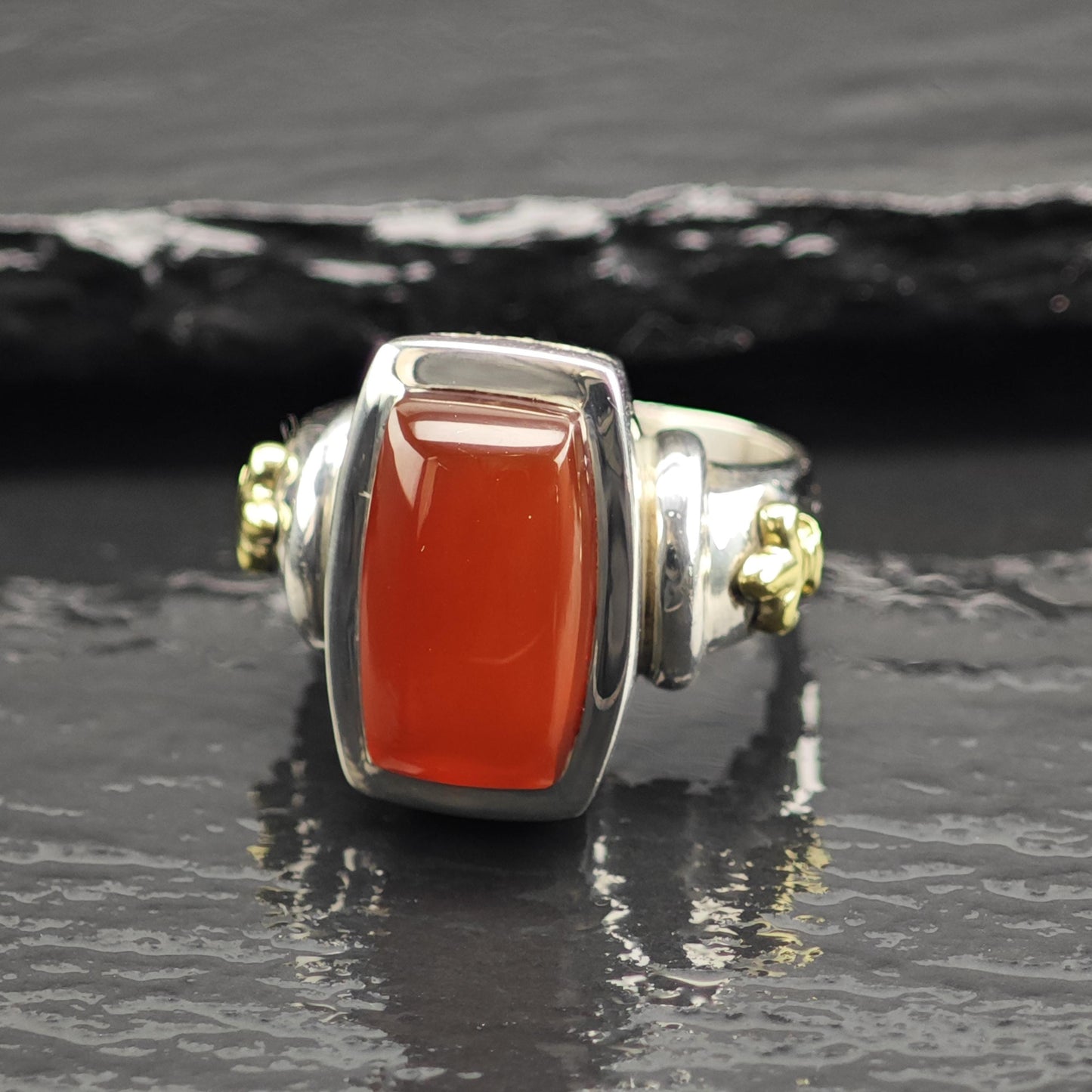 Ann King 18K Gold Carnelian Fleur-de-lis Sterling Silver Ring Sz 7 R6694