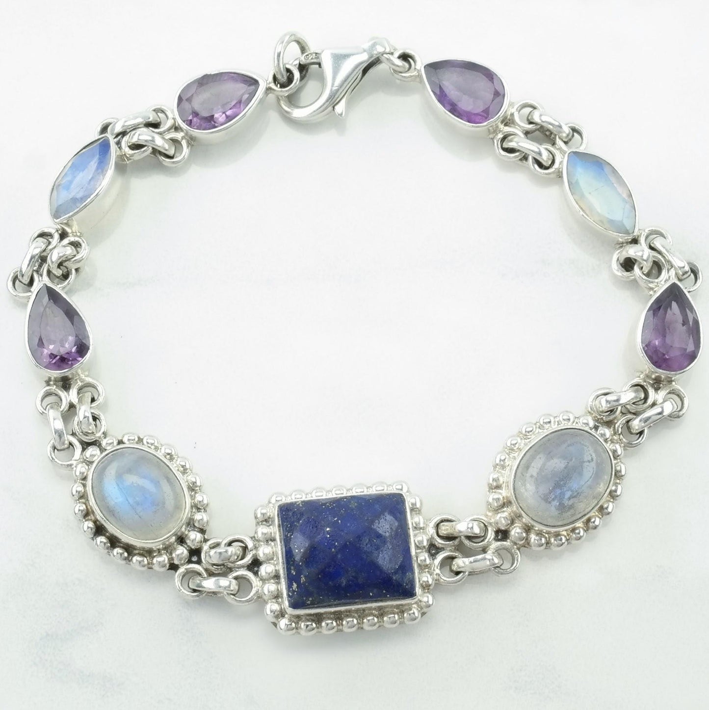 Vintage Nicky Butler Sterling Silver Link Bracelet Blue, Purple Lapis Lazuli, Moonstone, Amethyst