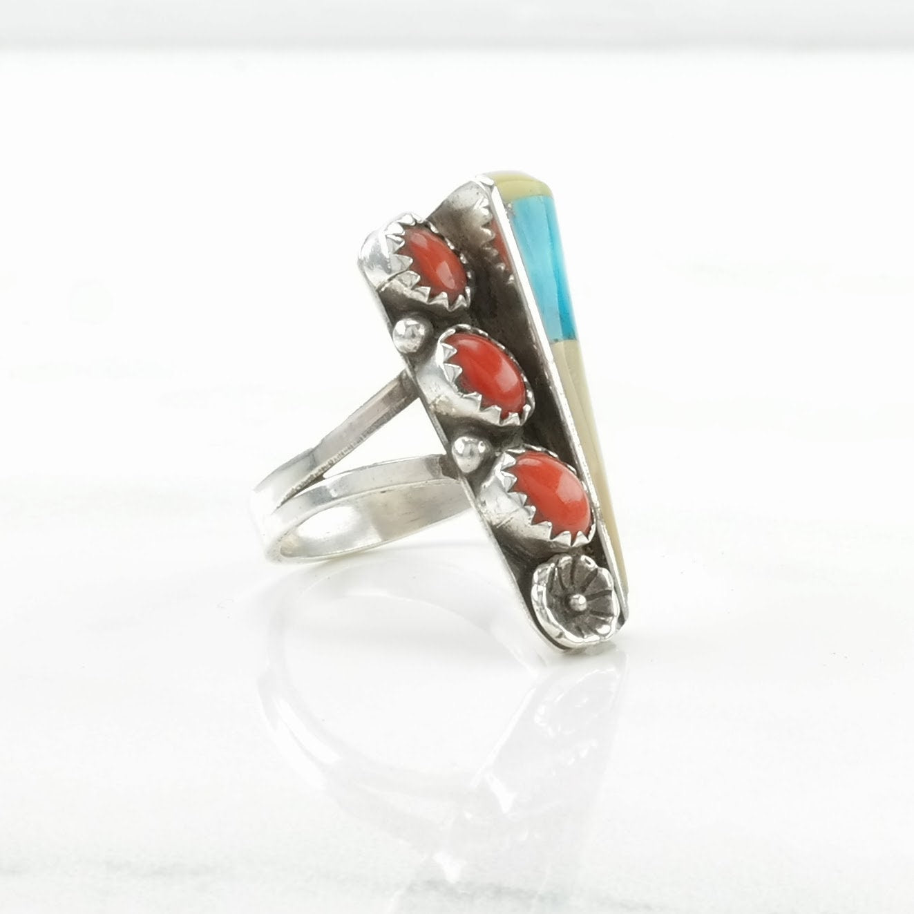 Native American Silver Ring Turquoise, Coral, MOP Inlay Sterling Size 7