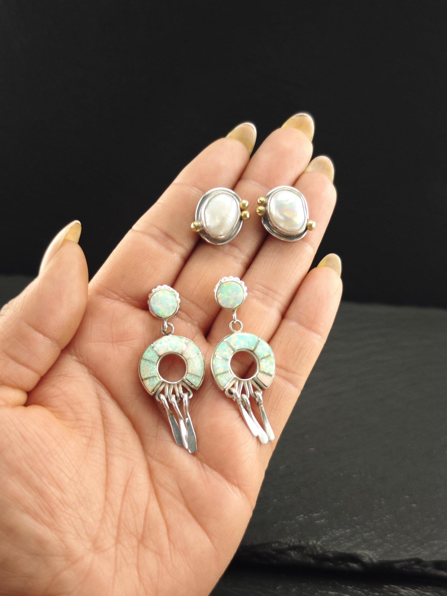 Native American Earrings with Calvin Begay Rainbow Lab Opal Inlay Sterling Silver