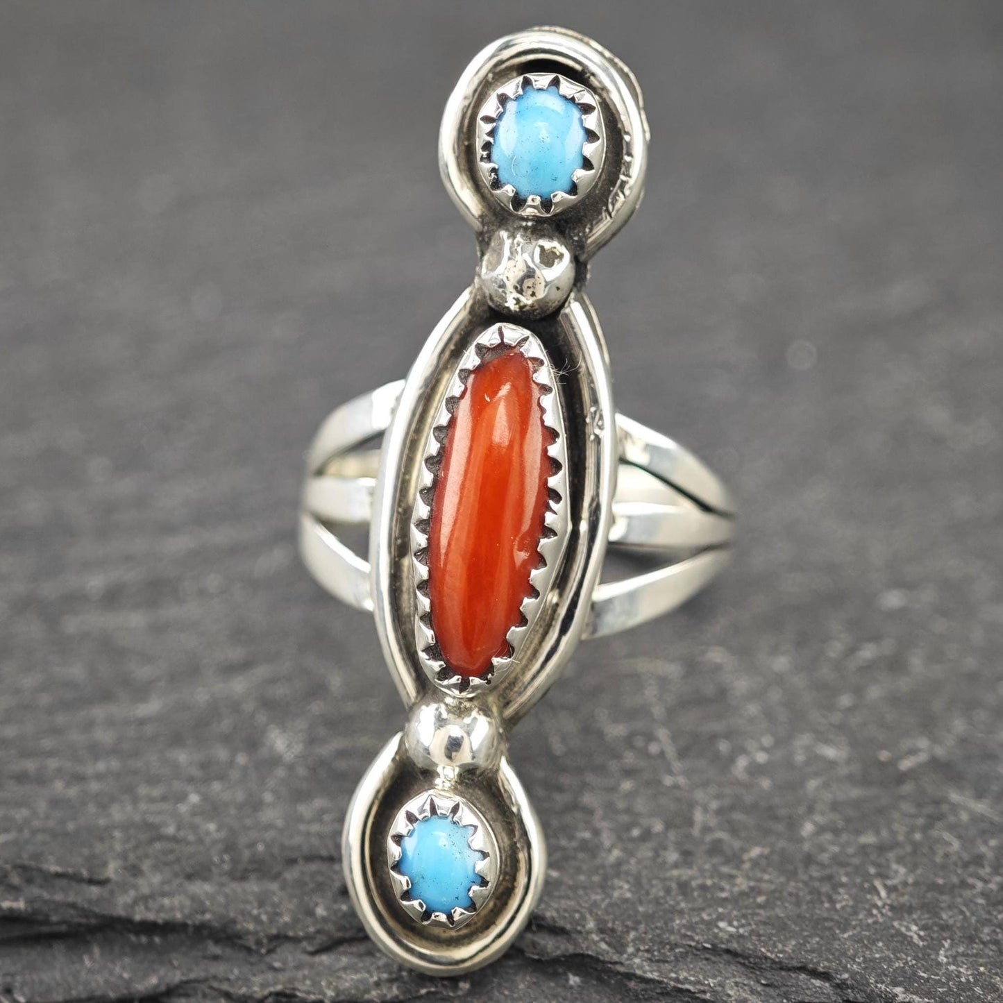 Native American, Coral, Turquoise Ring Sterling Silver