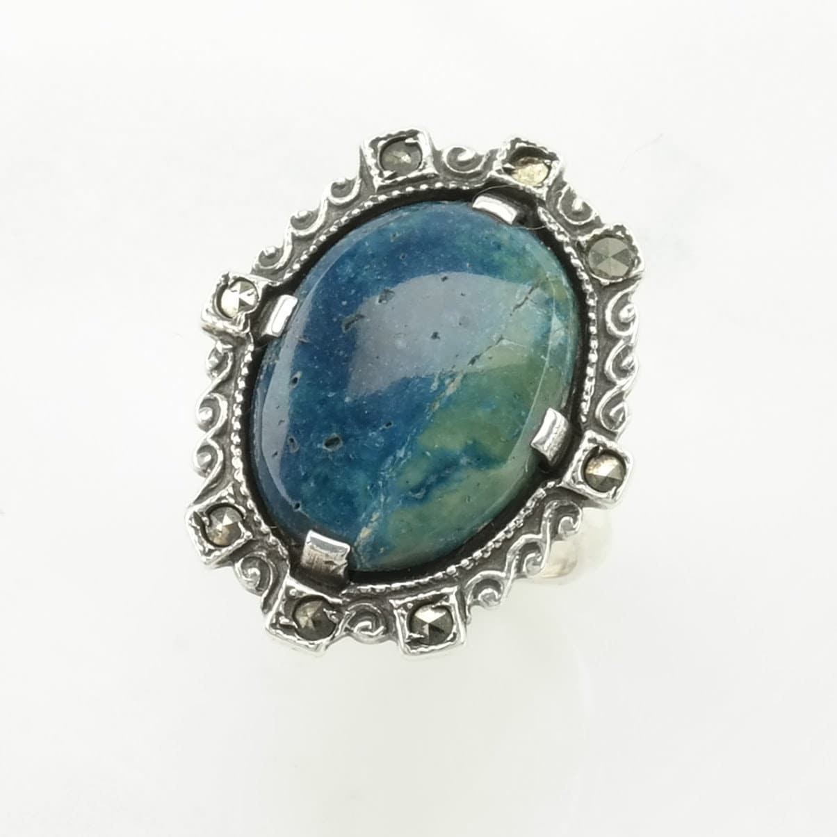 Art Deco Silver Ring Gemstone Marcasite Sterling Blue Size 3 1/2