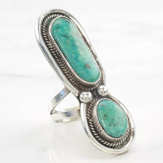 Vintage Native American Ring Two Stone, Turquoise Exclamation Point Sterling Silver Size 9