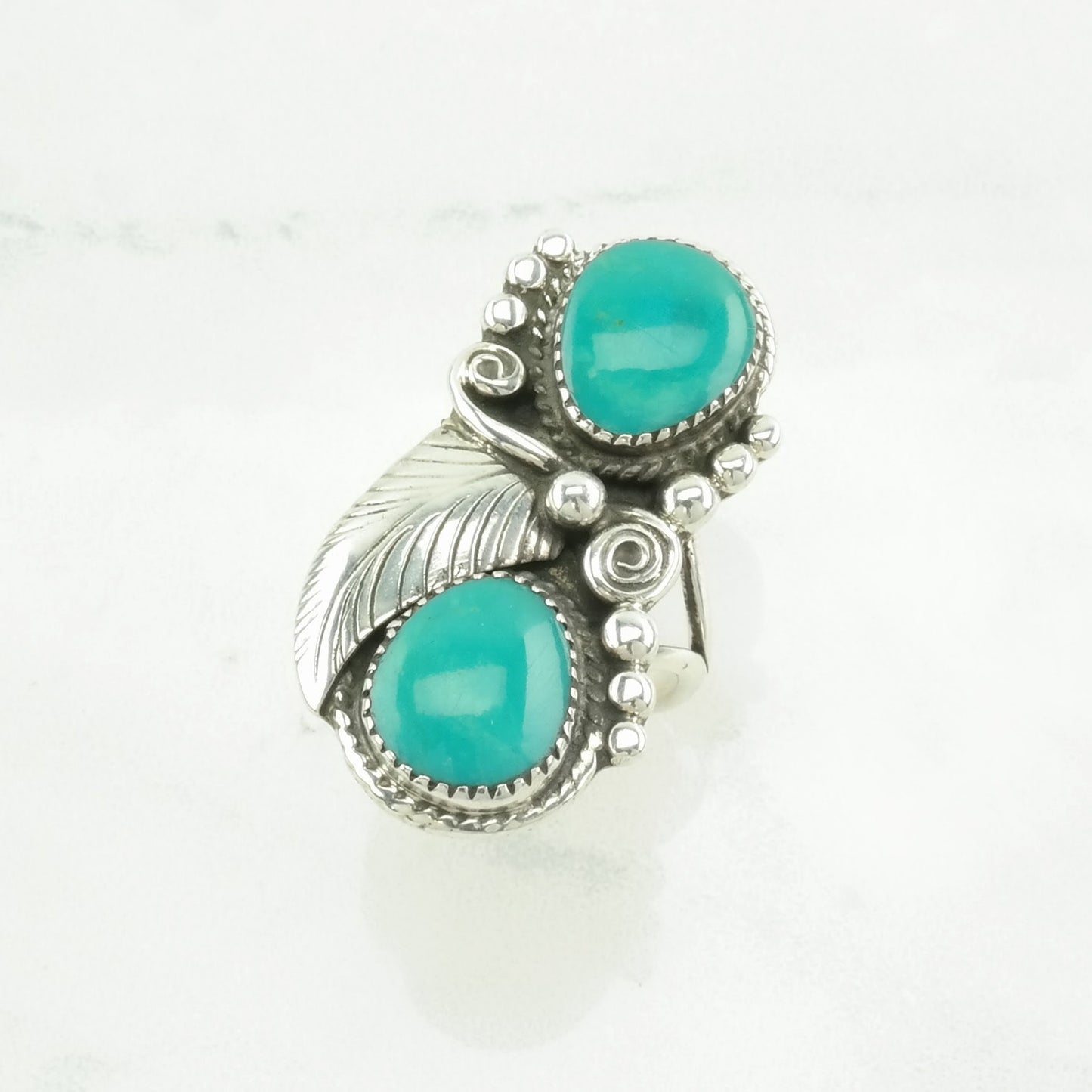 Native American Silver Ring Turquoise Leaf Sterling Blue Size 6 3/4