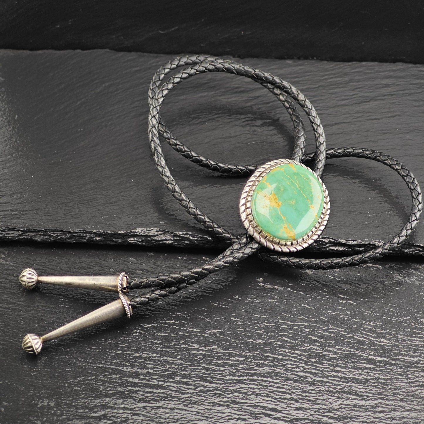 Vintage Native American Sterling Silver Green Turquoise Bolo Tie Necklace N2749