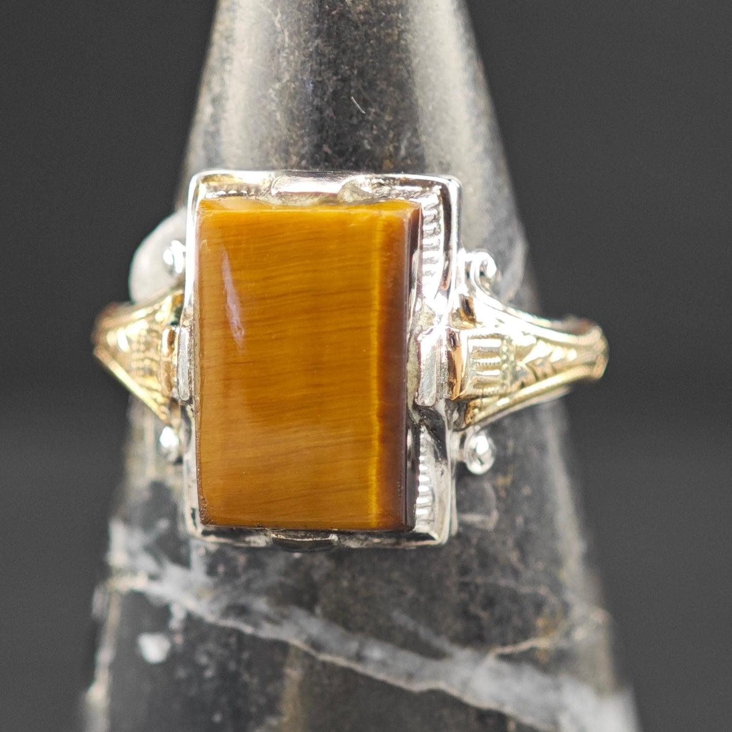Art Deco Ring Sterling Silver Tiger Eye 10K Gold Filled Accent