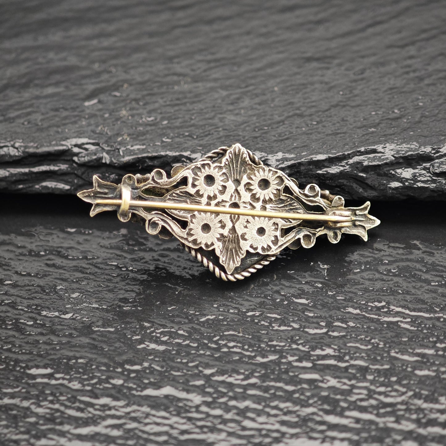 Egyptian Revival Green Turquoise Sterling Silver Brooch