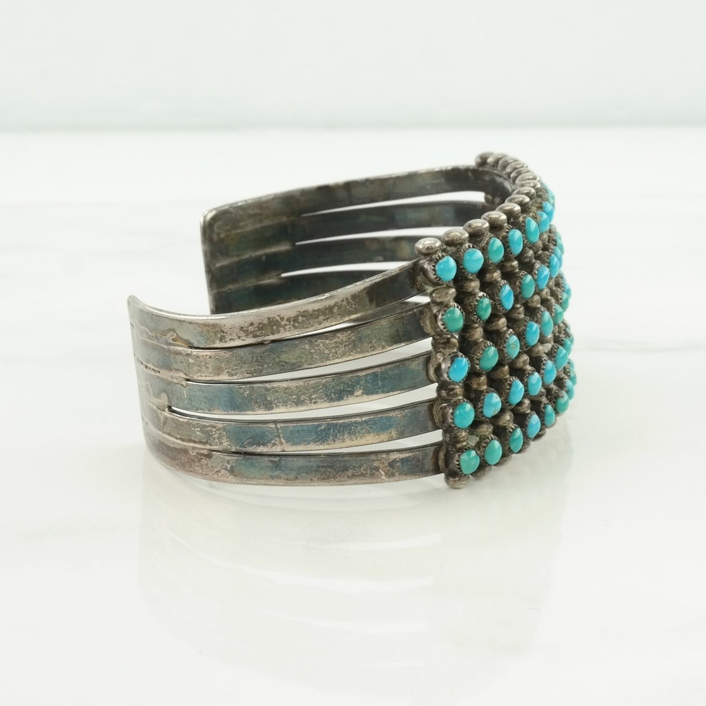 Native American Sterling Silver Cuff Bracelet Blue Turquoise, Cluster 5 Row