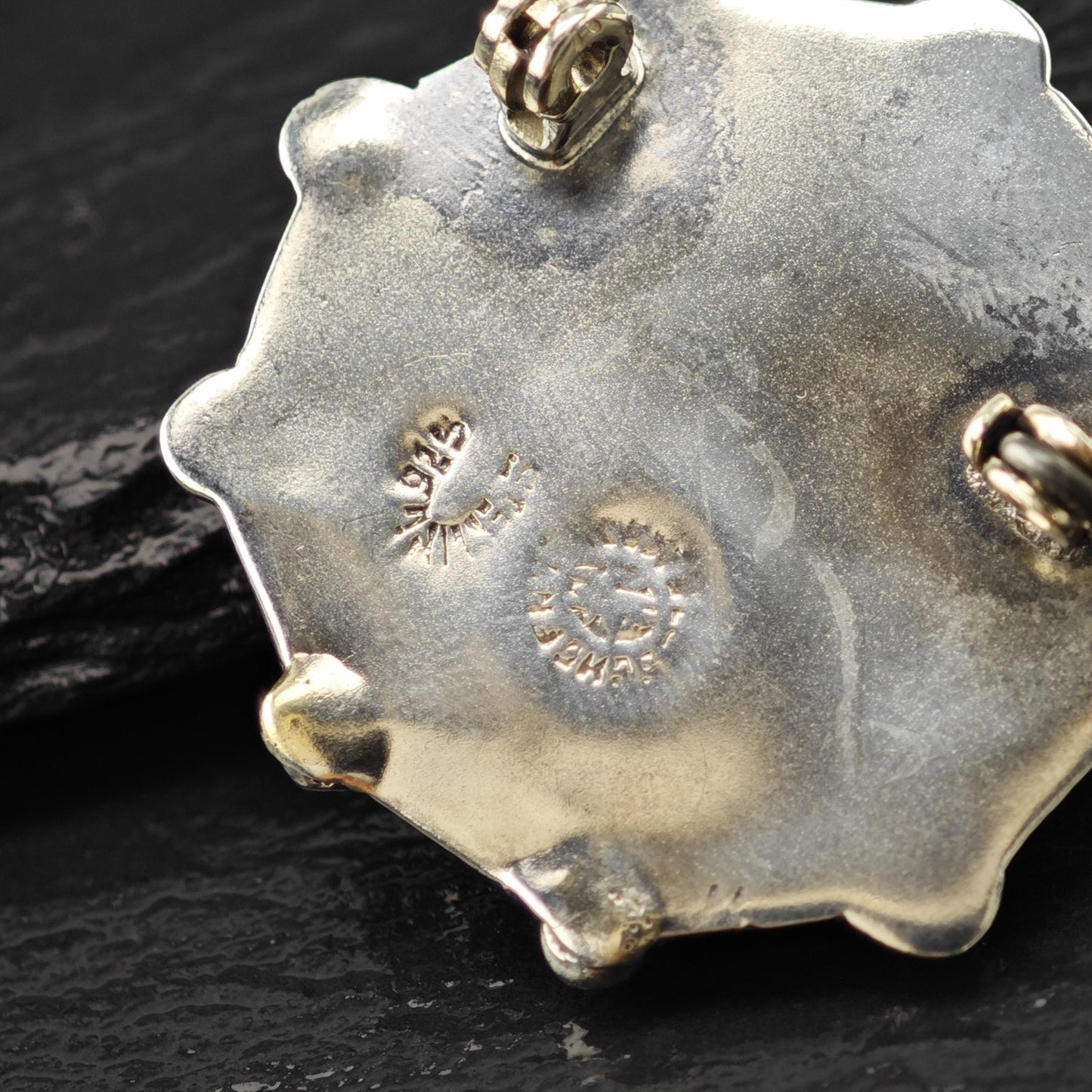 Mexico Sterling Silver Brooch Round Green Onyx