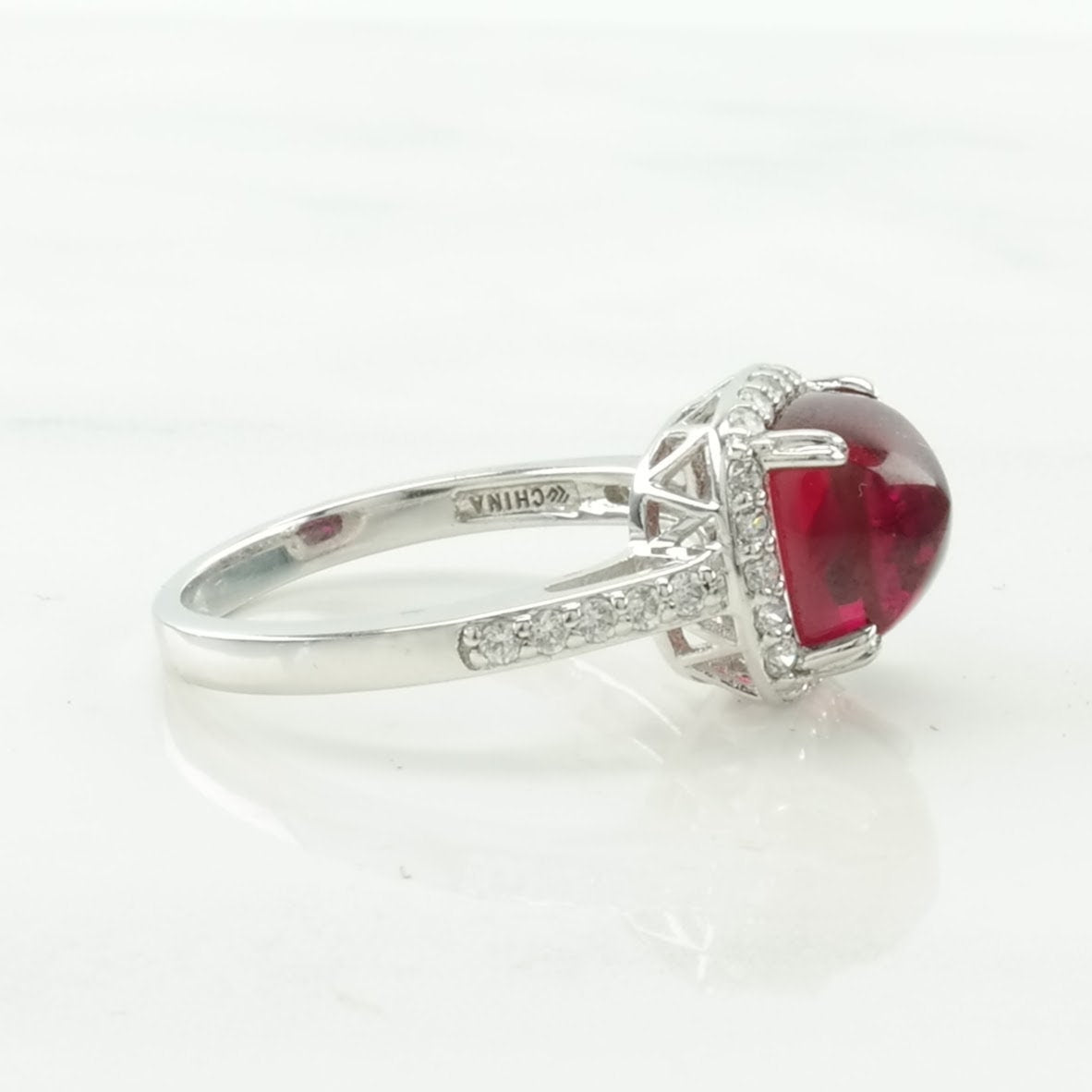 Vintage Sterling Silver Ring Created Ruby CZ Halo Pink Size 8 1/4