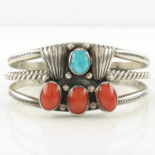 Vintage Native American Sterling Silver Cuff Bracelet Red, Blue Coral, Turquoise