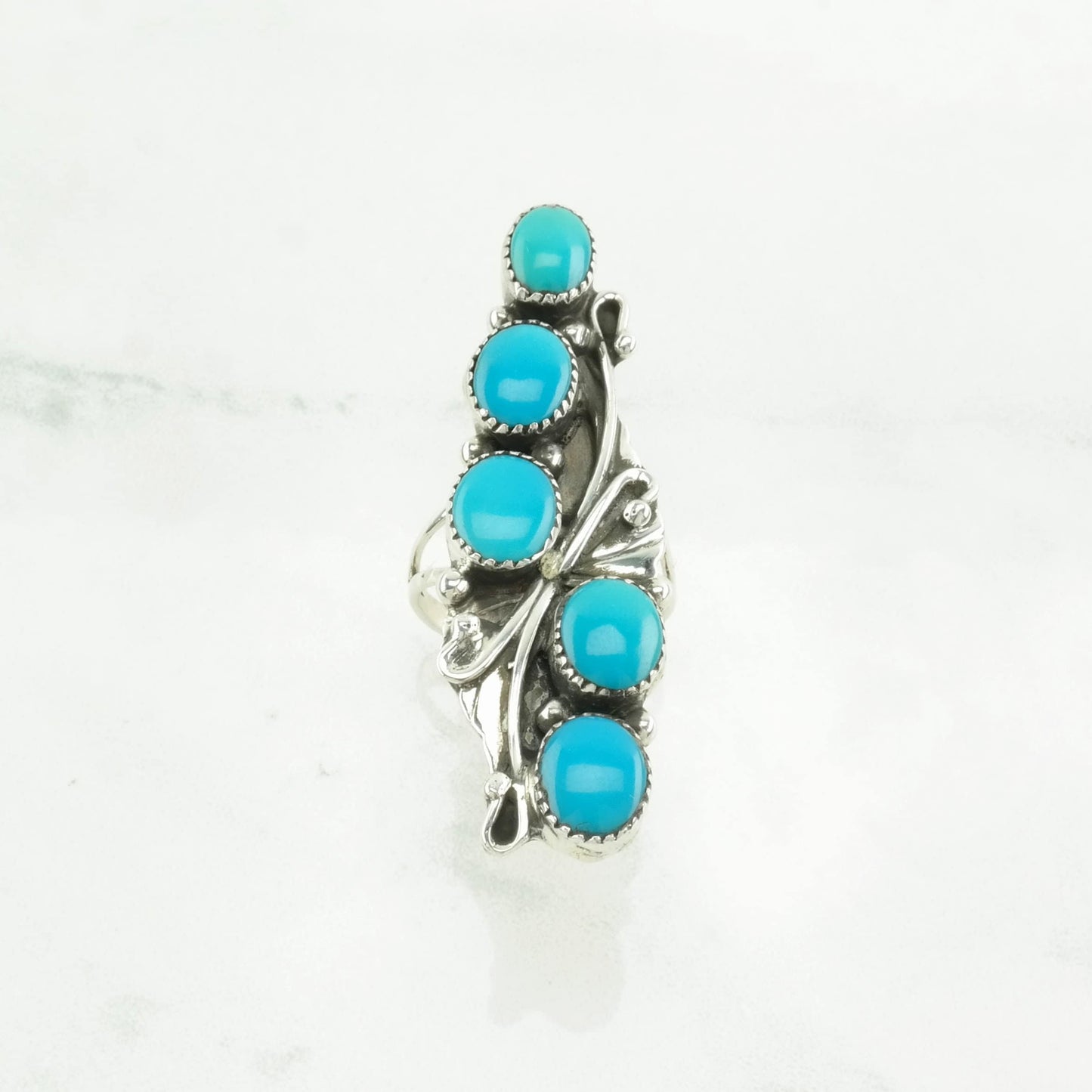 Southwest Silver Ring Block Turquoise Floral Sterling Blue Size 7 1/4