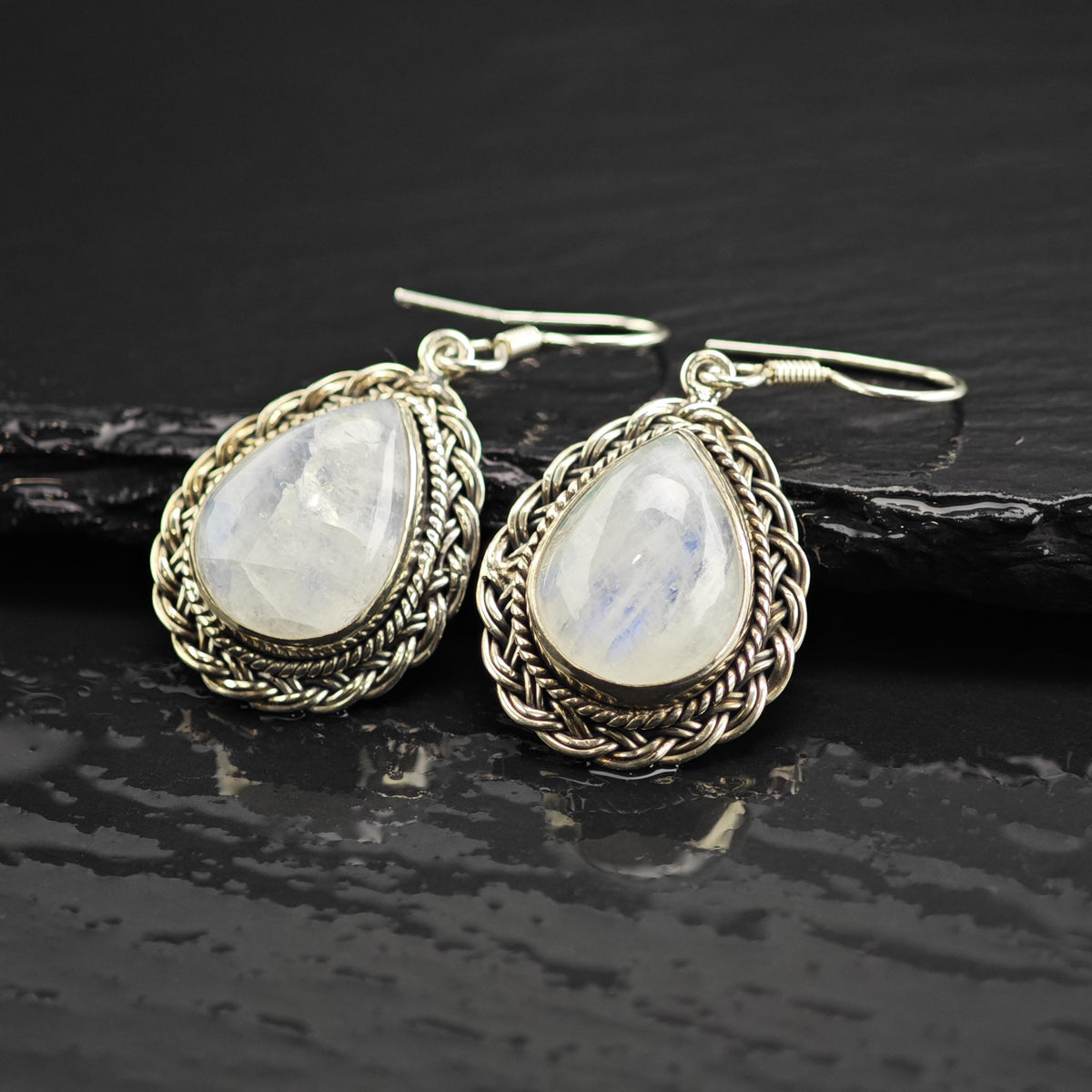 Teardrop Moonstone Braided Detail Sterling Silver Dangle Earrings ER3214
