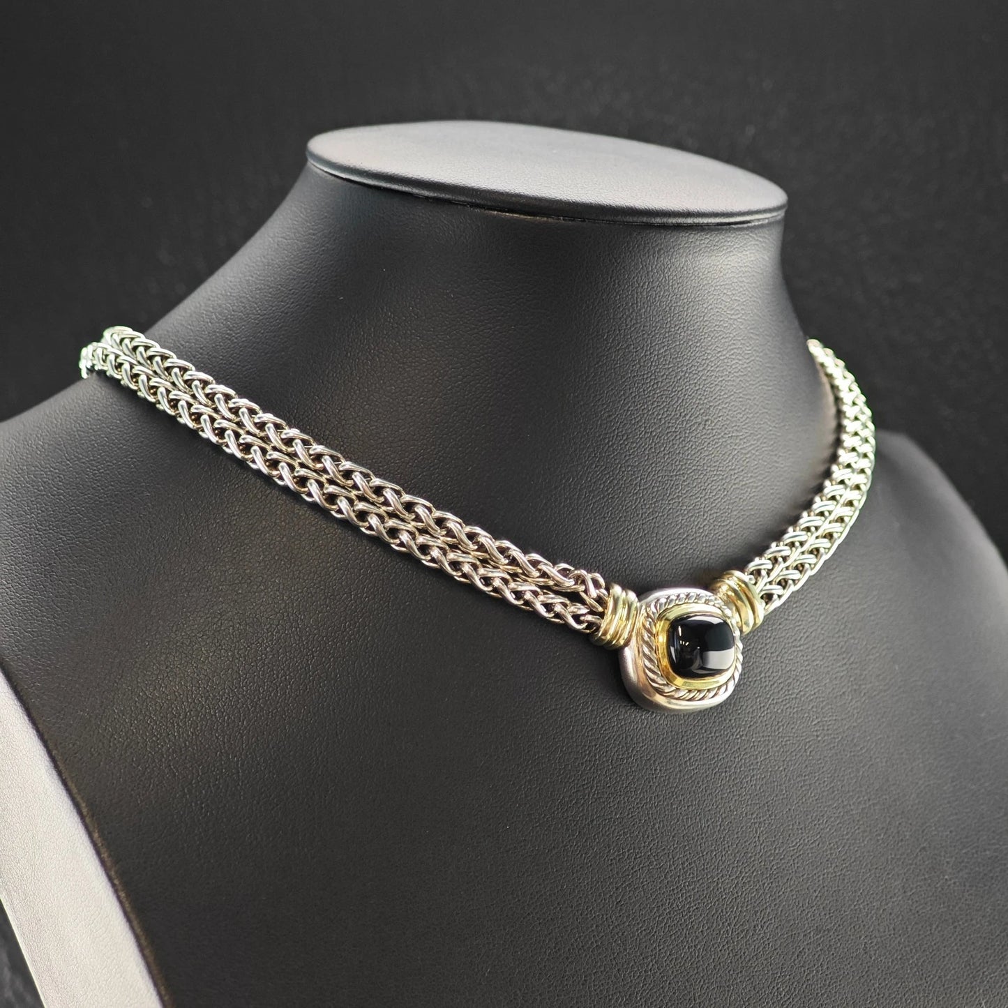 Vintage, David Yurman Sterling Silver Black, Gold Onyx 14K Gold Accent Necklace N2656