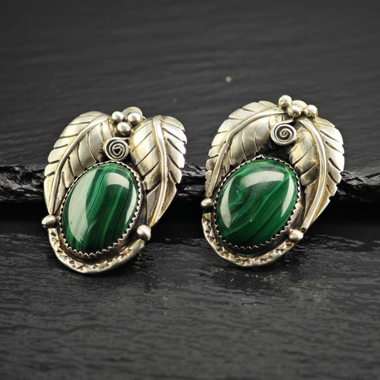 Vintage Native American Malachite Leaf ClipOn Sterling Silver Earrings ER3242