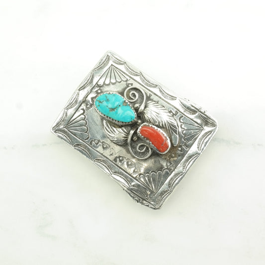 Vintage Native American Blue, Red, Turquoise, Coral Stamped Sterling Silver Belt Buckle