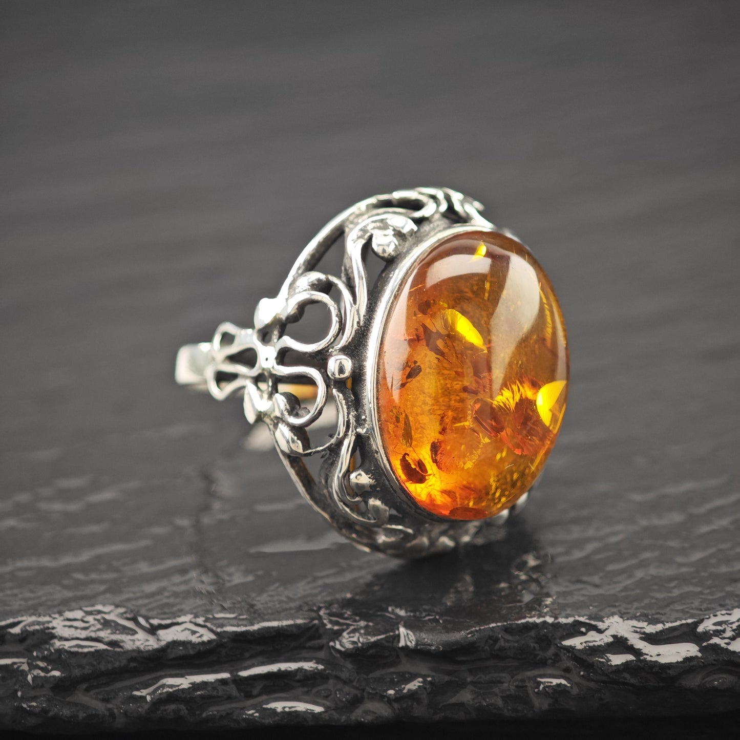 European Dome Amber Ring Sterling Silver Sz 9 1/4