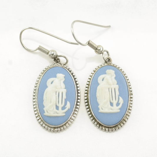 English Sterling Silver Cameo Wedgwood Blue Earrings Fish hook/Dangle