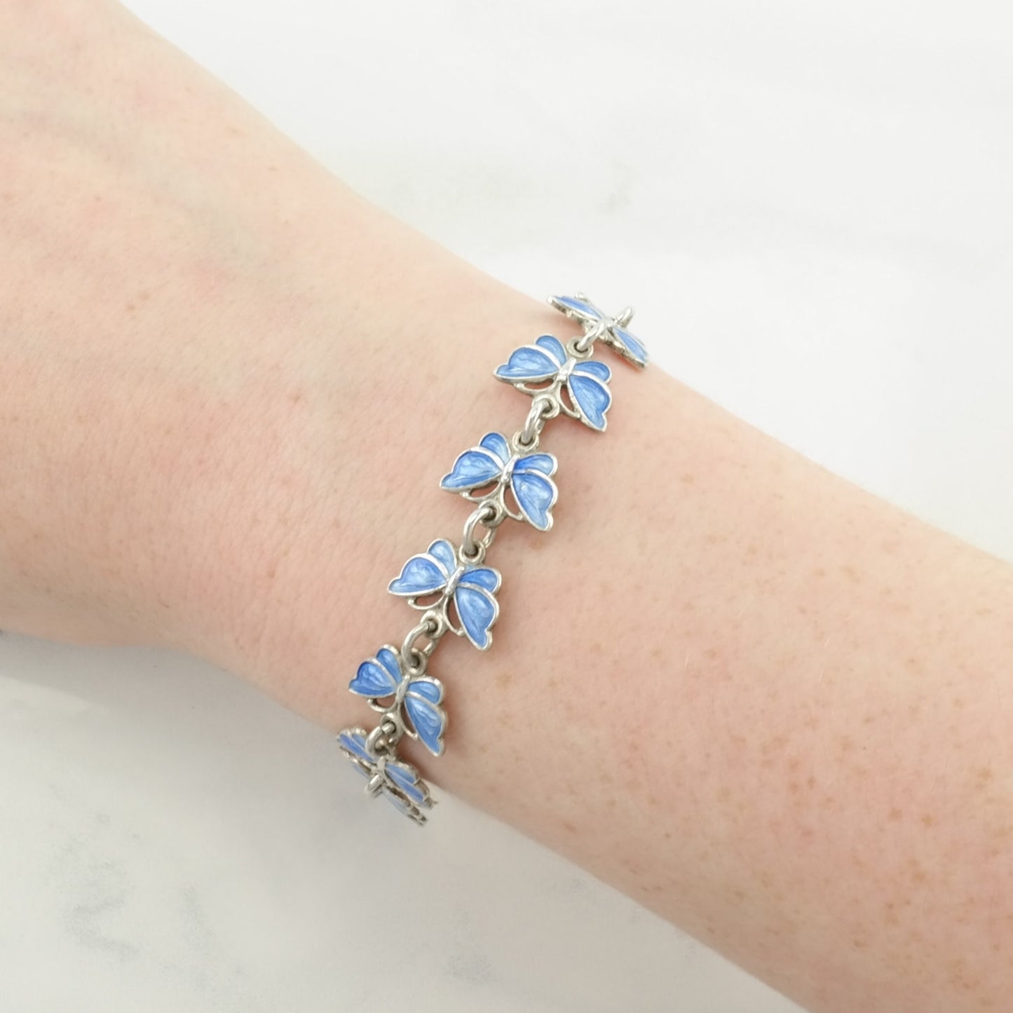 Denmark Sterling Silver Link Bracelet Blue Enamel Butterfly