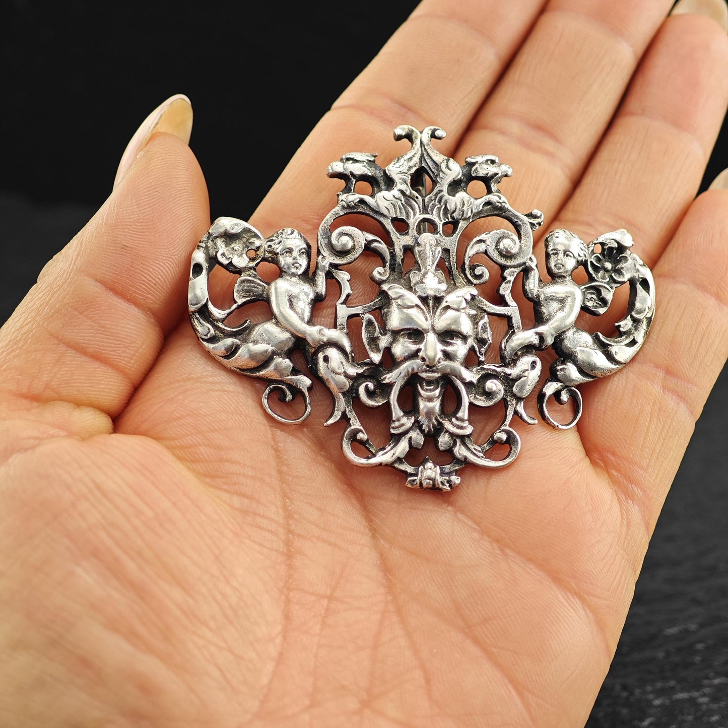 Horned God of Wine Pendant with Cherub Angels in Sterling Silver