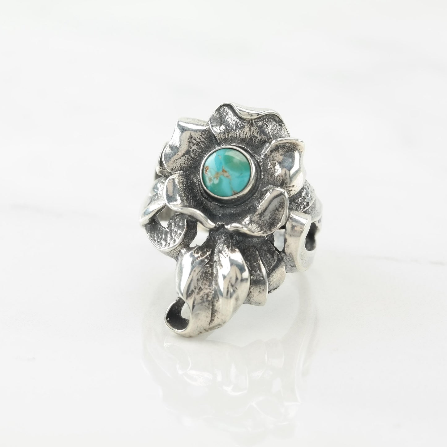 Vintage Southwest Silver Ring Turquoise Flower Sterling Blue Size 6 3/4