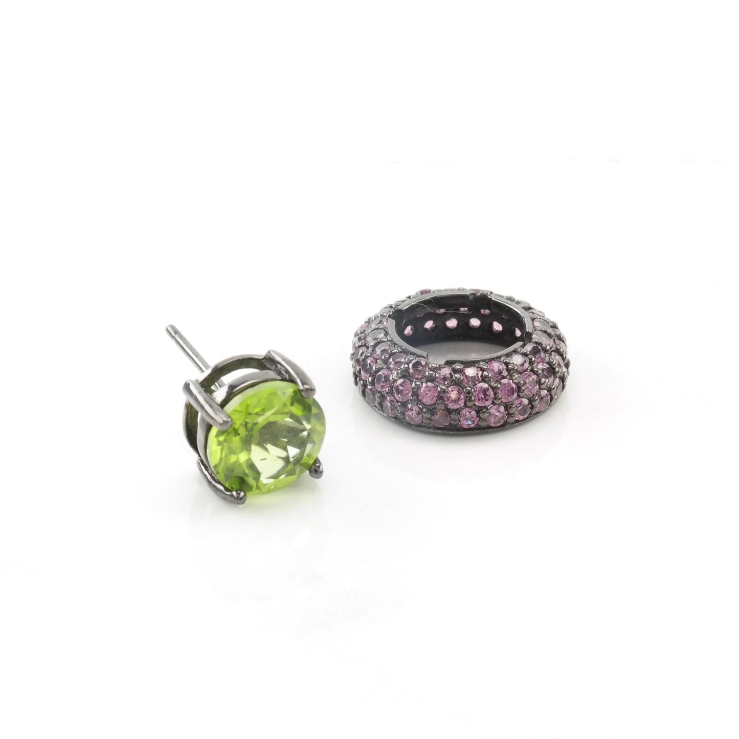 Vintage Oxidized Sterling Silver Stud Earrings Natural Peridot Garnet