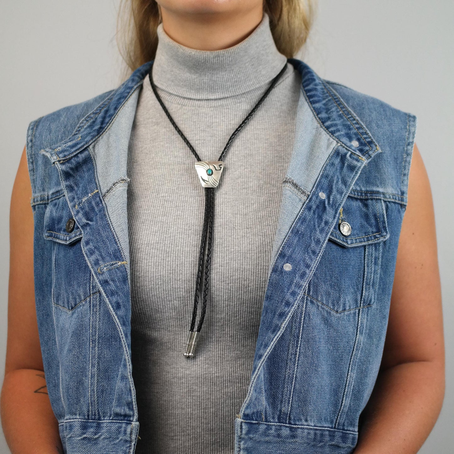 Vintage Native American Sterling Silver Turquoise Overlay Bolo Tie Necklace N2741