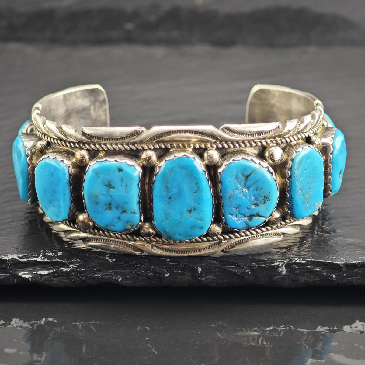 Vintage Navajo, Sleeping Beauty 9 Stone Turquoise Sterling Silver Cuff Sz 7" BR3128