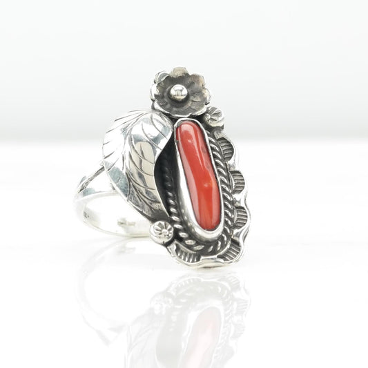 Native American Coral Silver Ring Sterling Floral