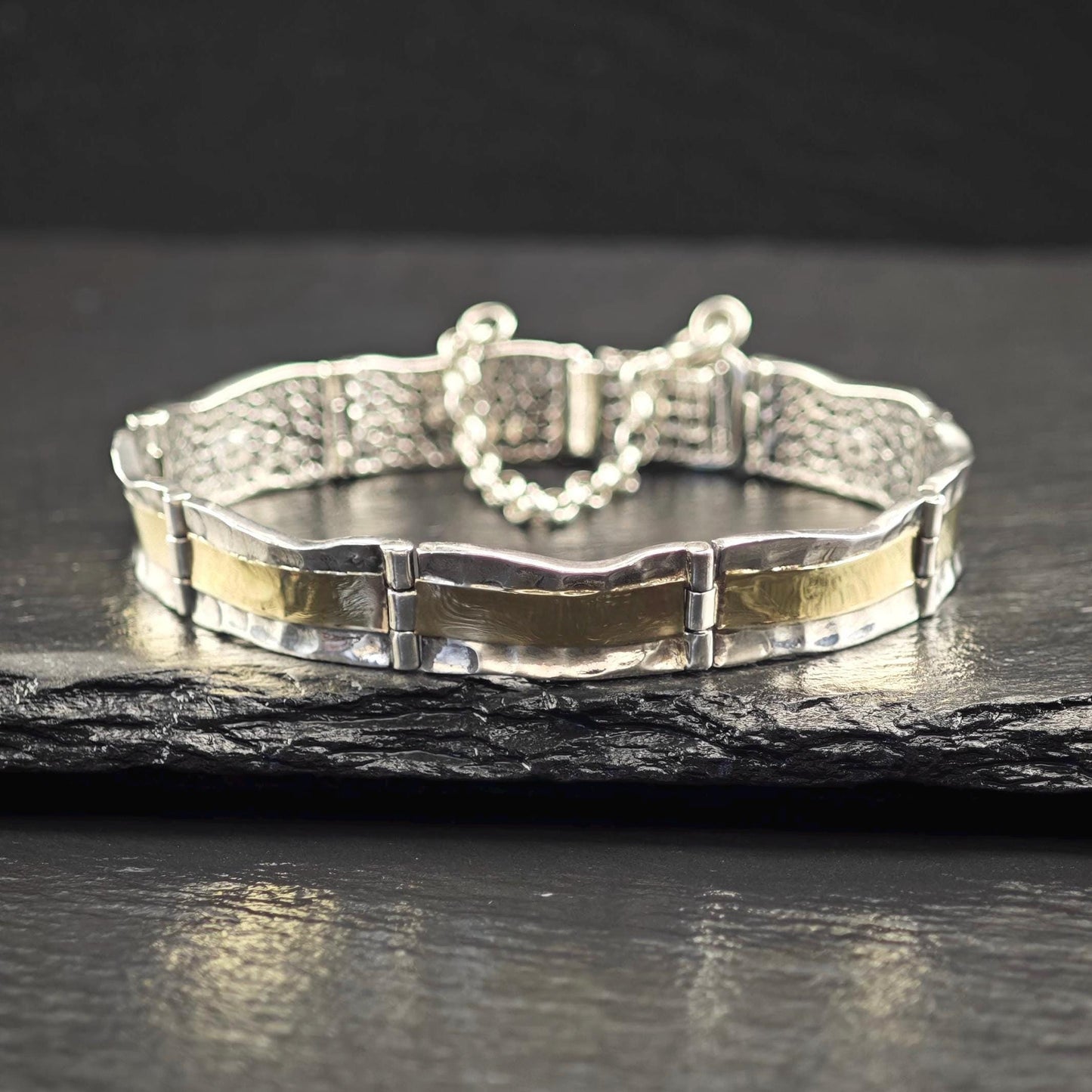 Vintage Two Tone Hammered Bracelet 14k Gold Sterling Silver