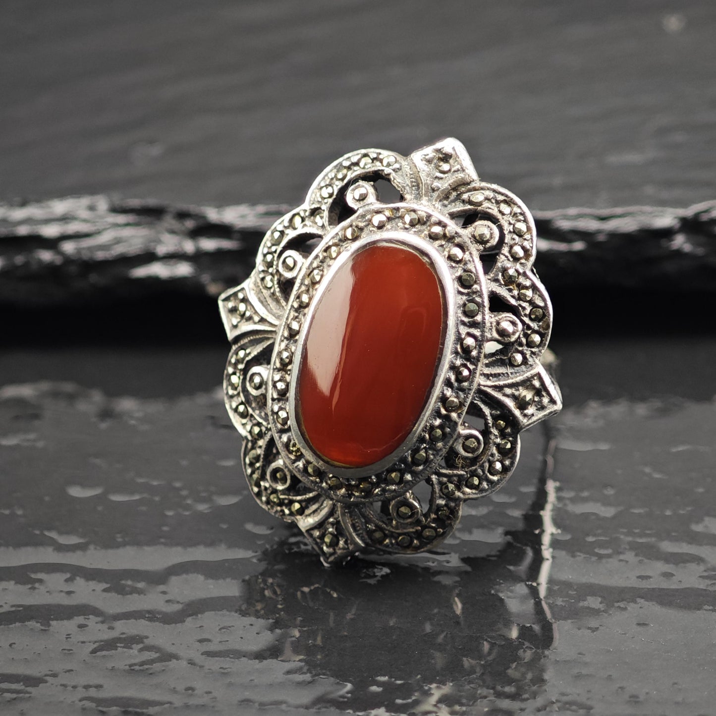 Large Art Deco Style Carnelian Cabochon Sterling Silver Ring Sz 9 1/4 R6706