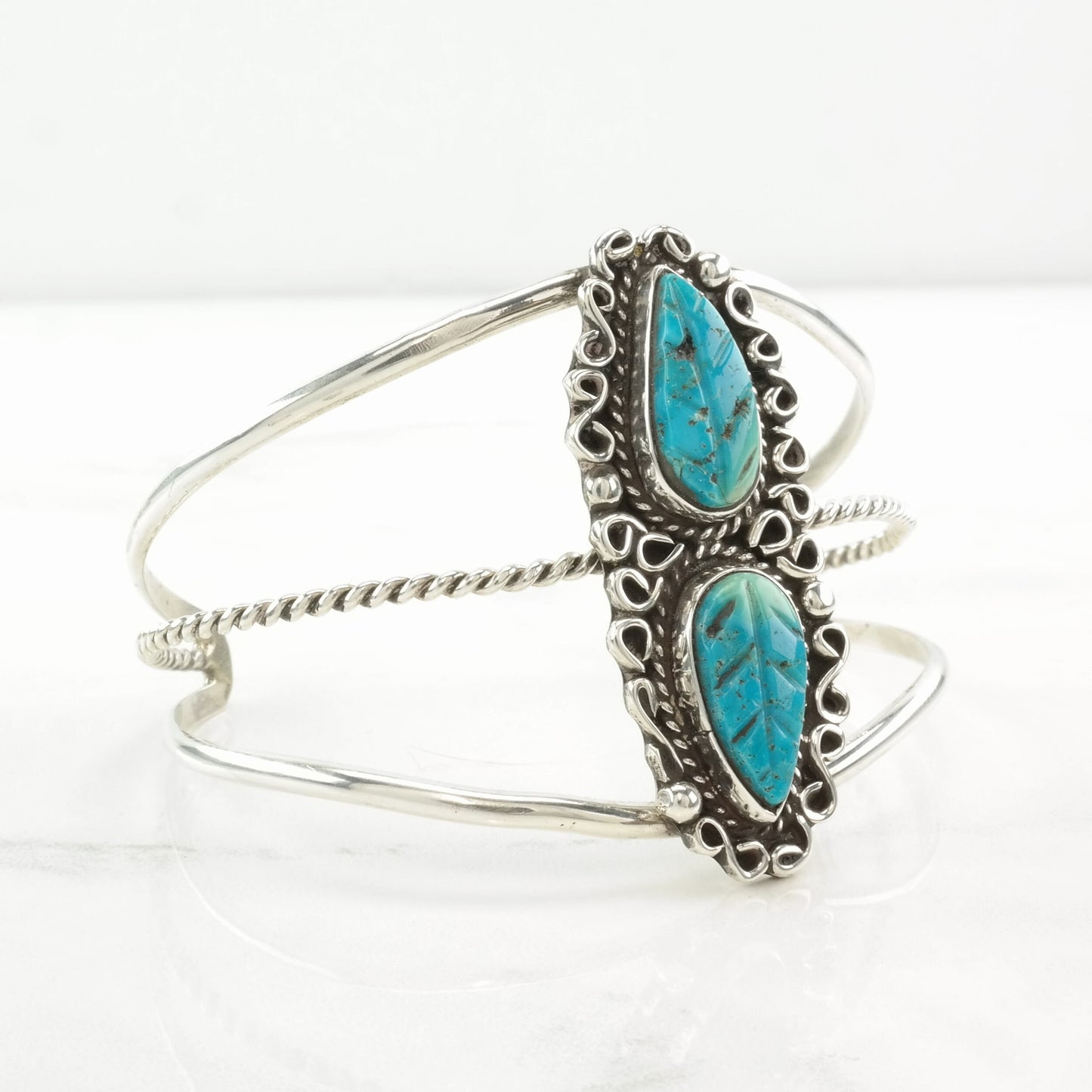 Native American Sterling Silver Cuff Bracelet Carved Turquoise