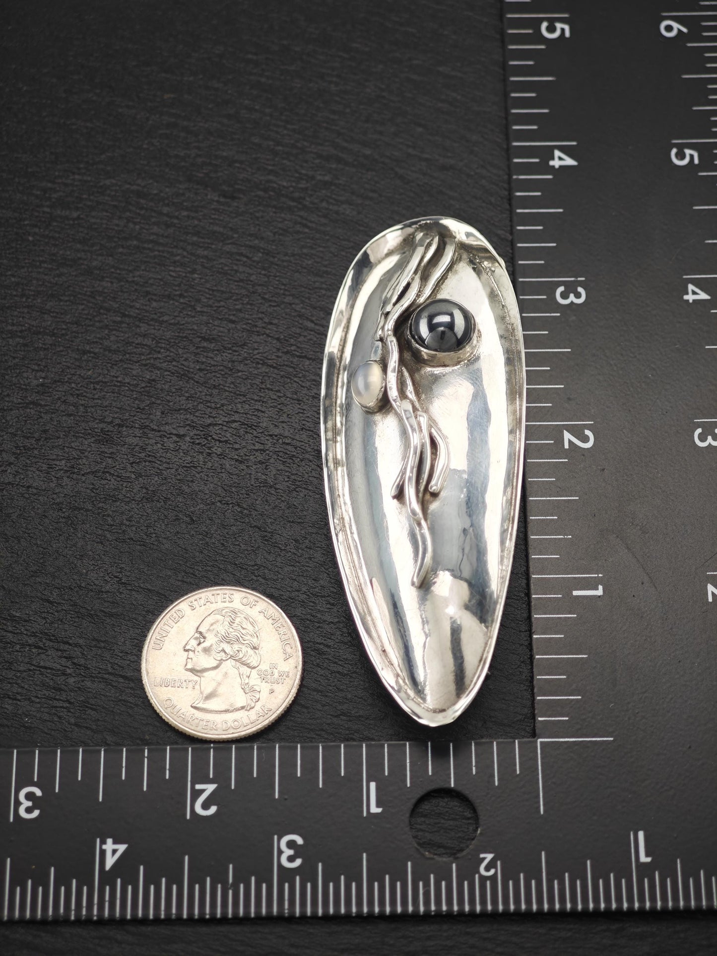 Margaret Ellis Hallow Hematite, Moonstone Brooch/Pendant Sterling Silver
