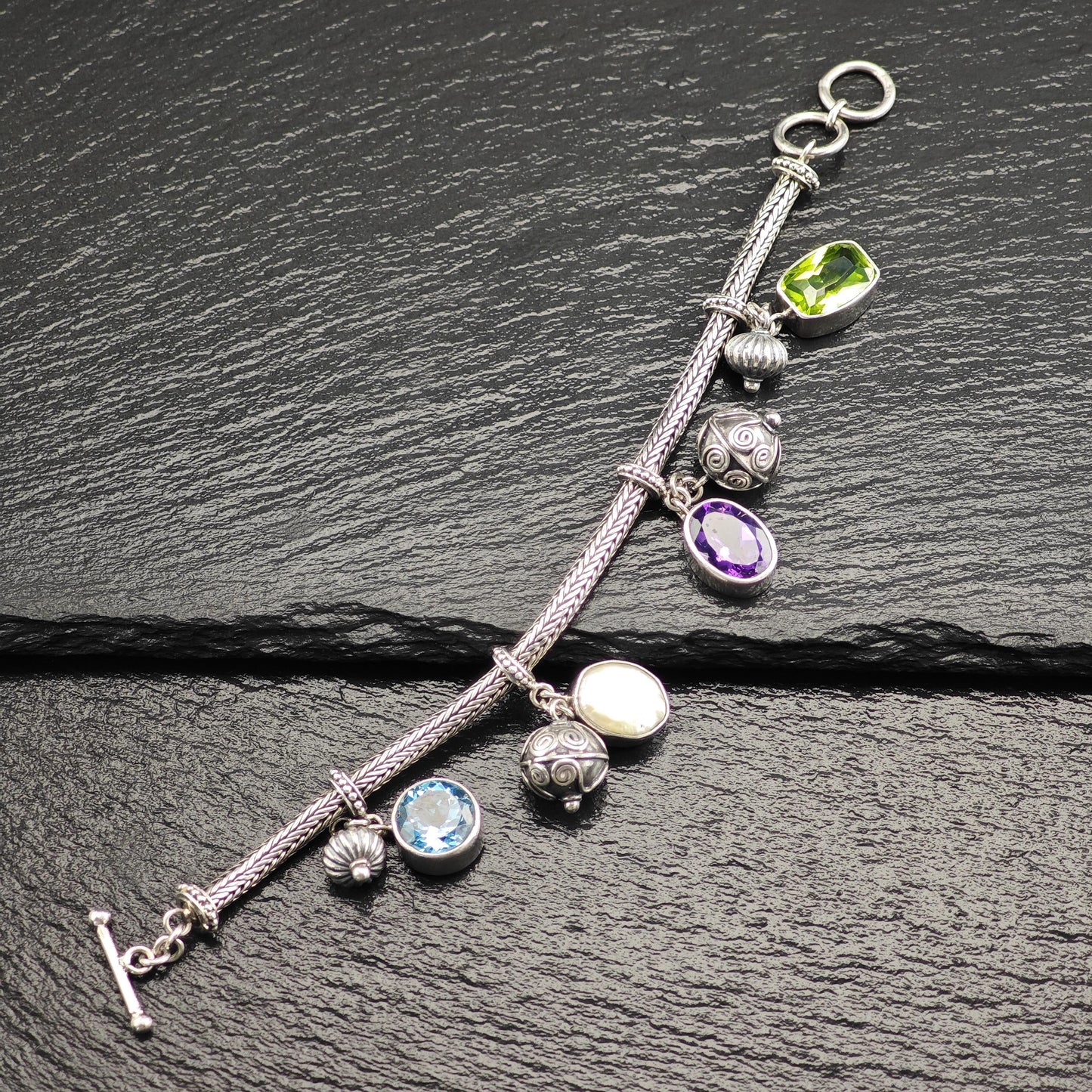 Vintage Topaz, Amethyst, Pearl, Charm Bracelet Sterling Silver
