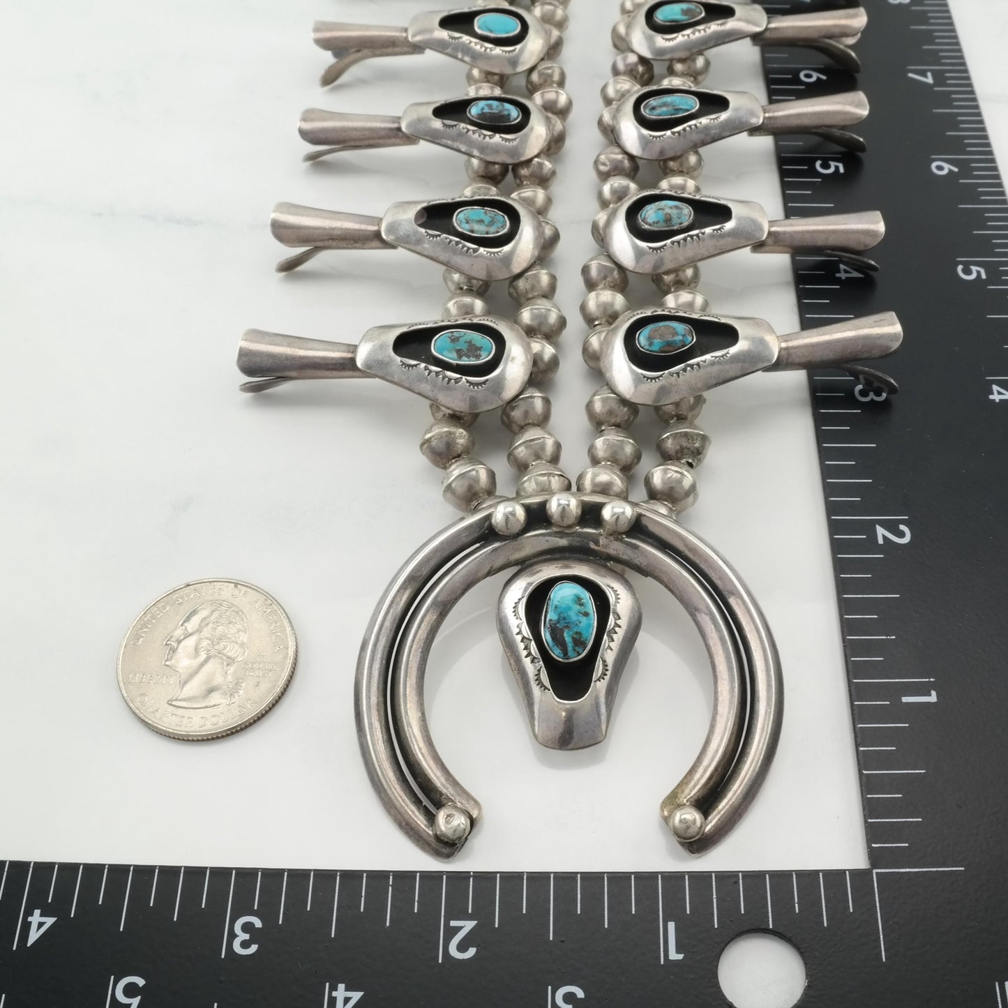 Vintage Native American Turquoise Shadow Box Squash Blossom Necklace, Sterling Silver Benchmade Beads