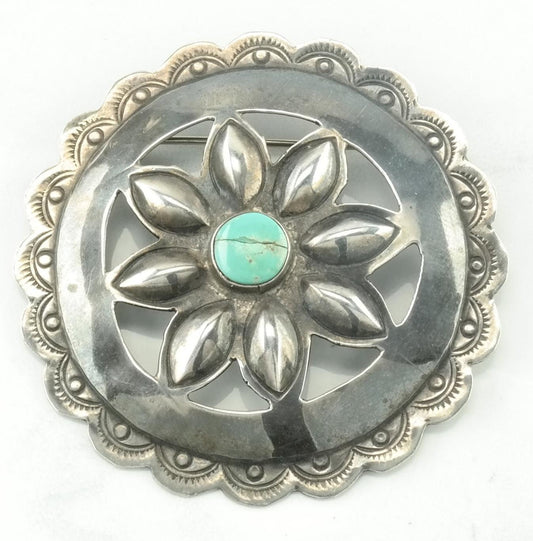 Southwestern Native American Sterling Silver Blue Turquoise Concho Brooch