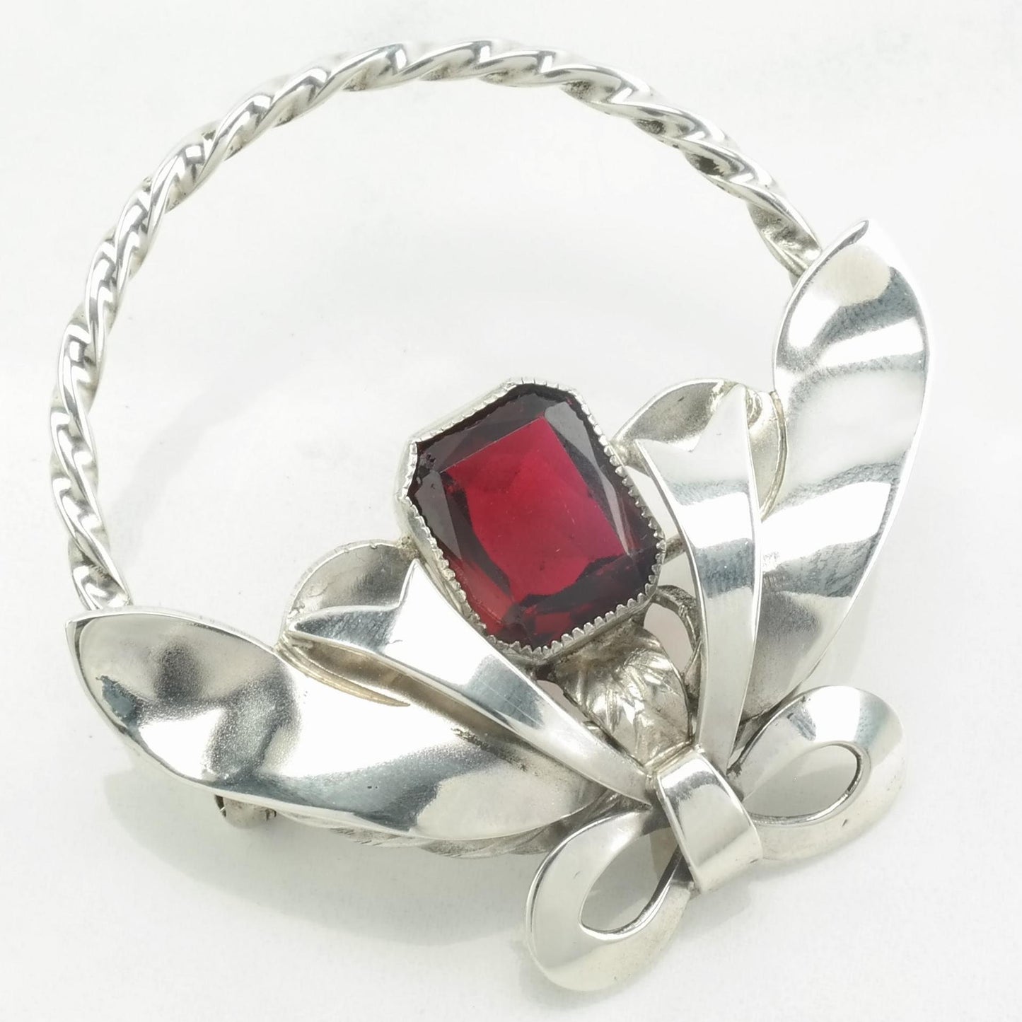 Art Deco Sterling Silver Bow Brooch Red Paste