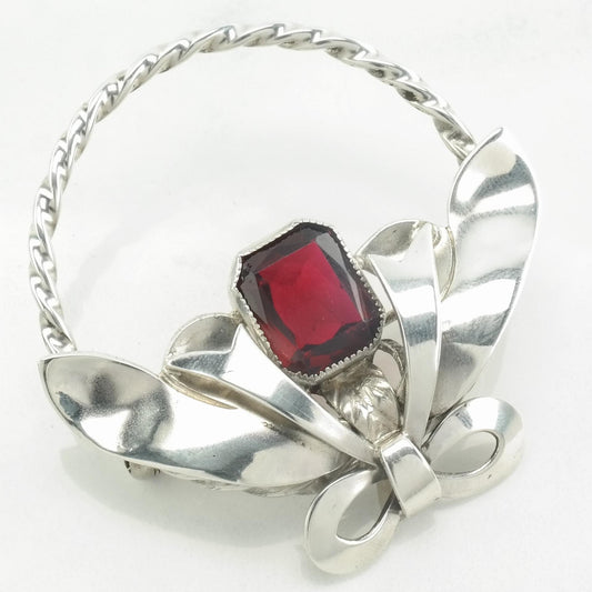 Art Deco Sterling Silver Bow Brooch Red Paste