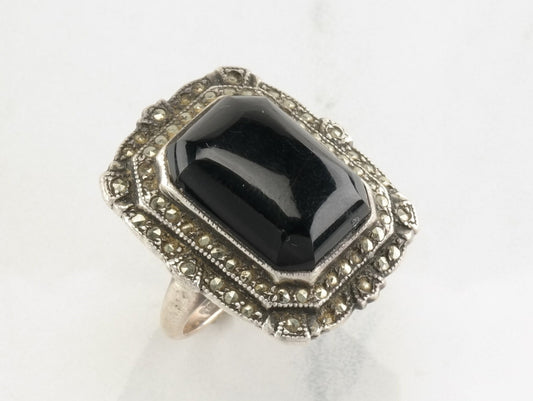 Art Deco Sterling Silver Ring Black Onyx Marcasite Size 5 3/4