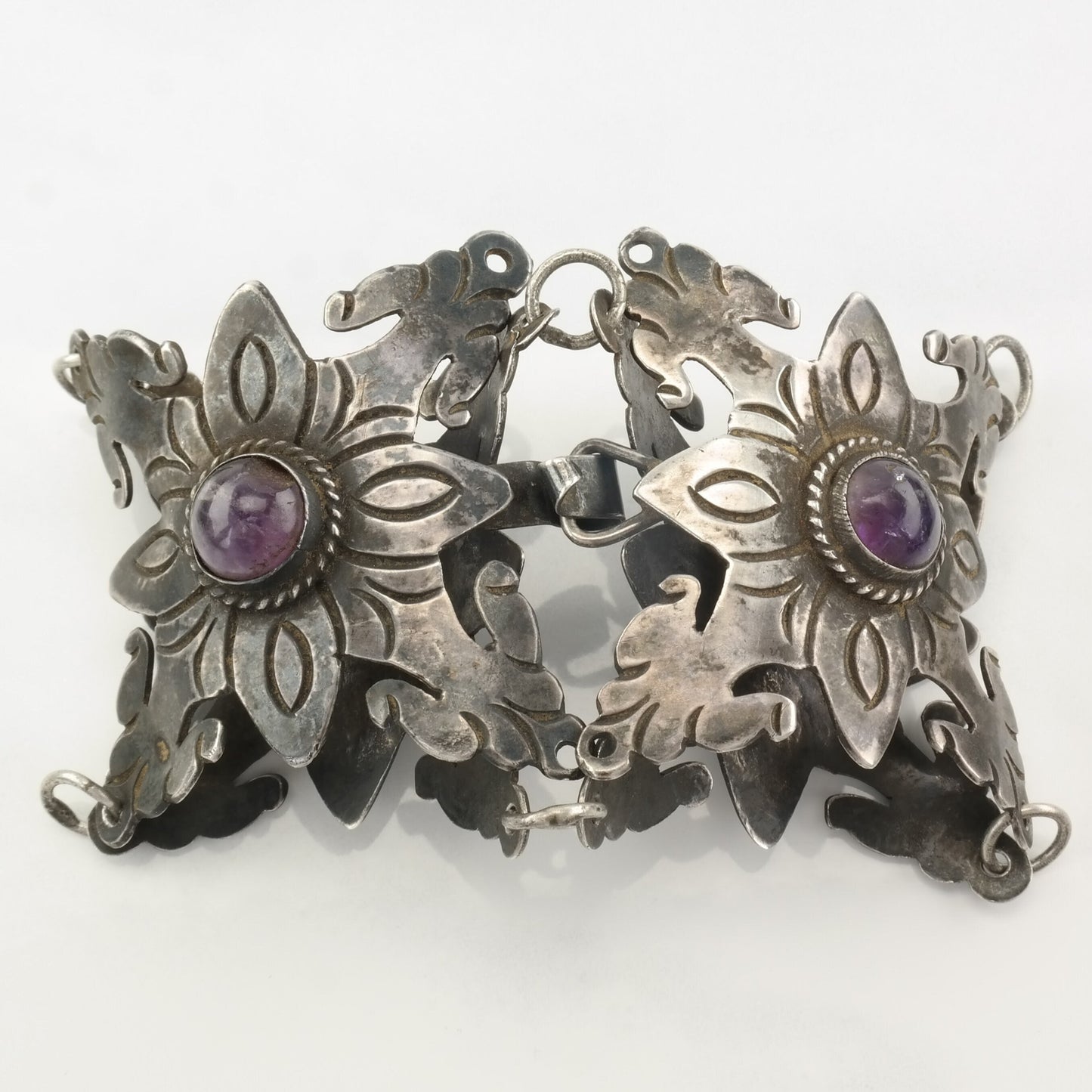 Pre Eagle, Taxco Sterling Silver Link Bracelet Purple Amethyst Floral