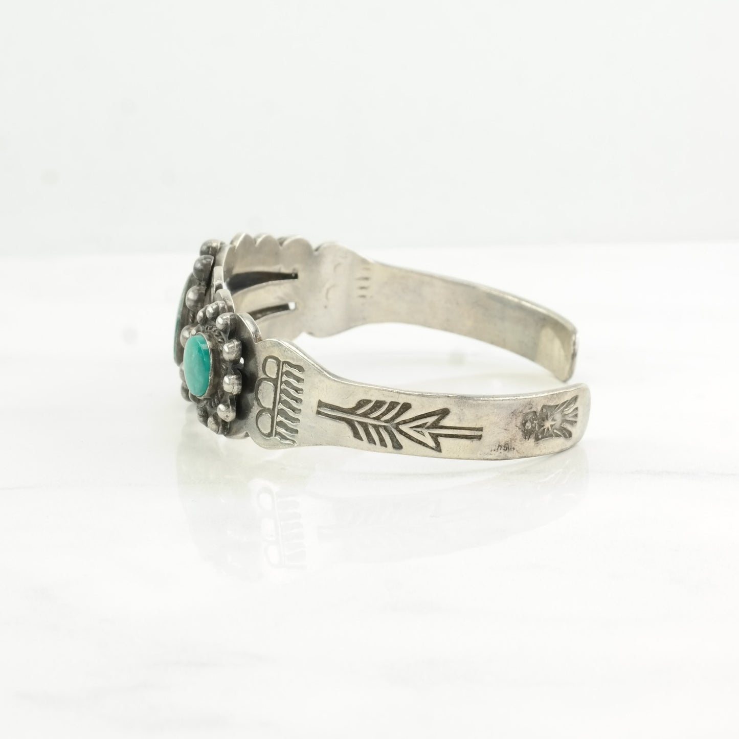 Fred Harvey Era Sterling Silver Cuff Bracelet Green Pilot Mountain, Turquoise Floral