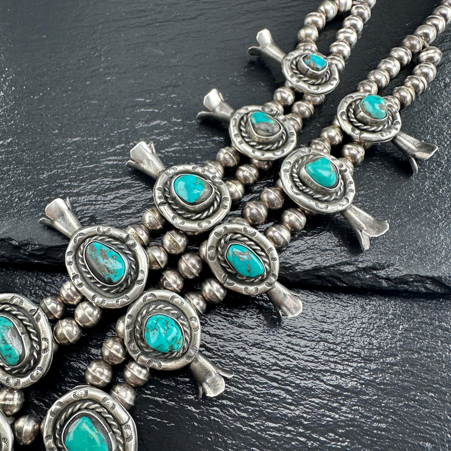 Squash Blossom Necklace with Blue Turquoise Stamped Native American Design Sterling Silver