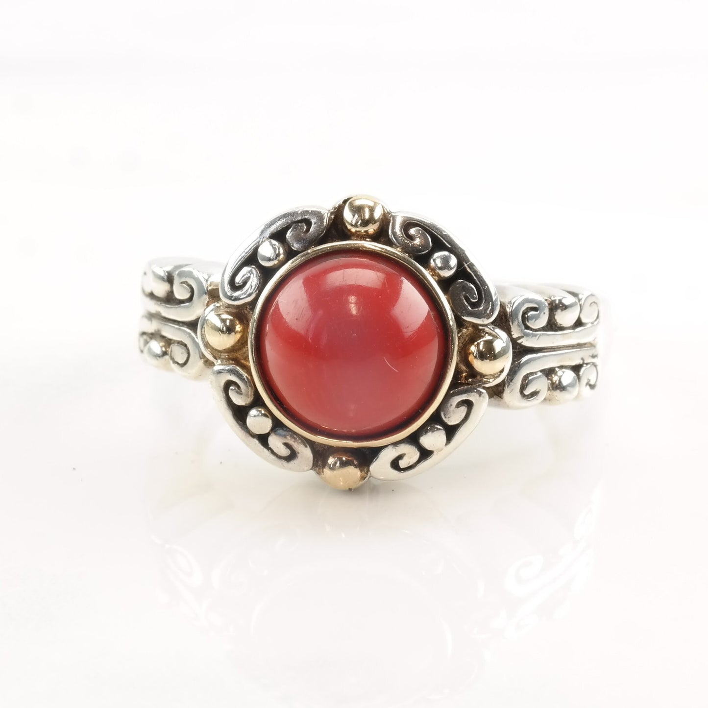 Silver Ring Faux Coral 14k Gold Beads Size 7 1/4