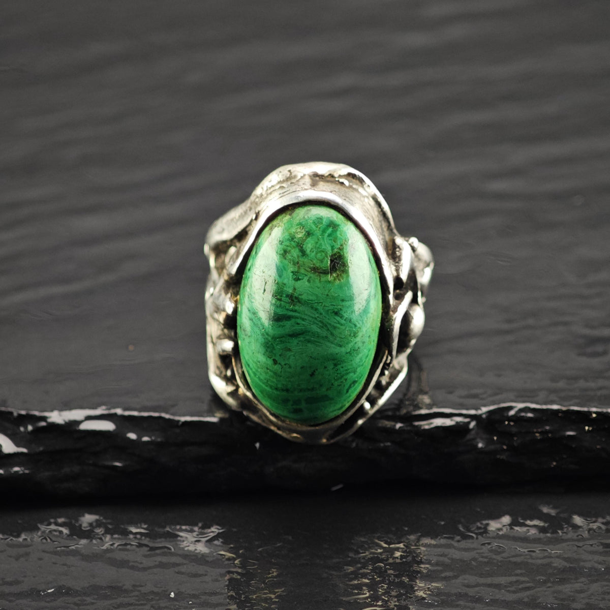 Brutalist Malachite Sterling Silver Ring Sz 7 R6878