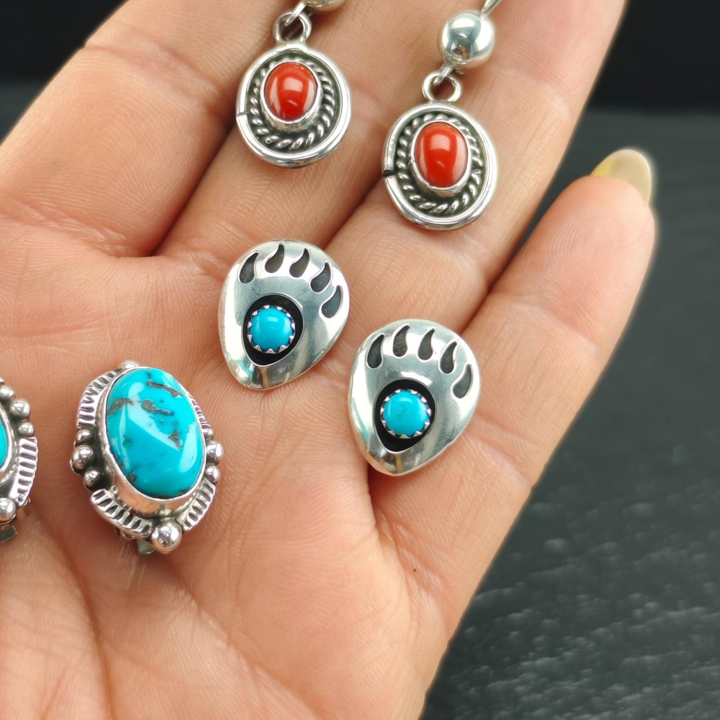 Southwest Blue Turquoise, Shadow Box Bear Paw Stud Earrings Sterling Silver