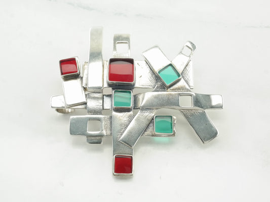 Silver Brooch Pendant Abstract Red Blue Glass Sterling