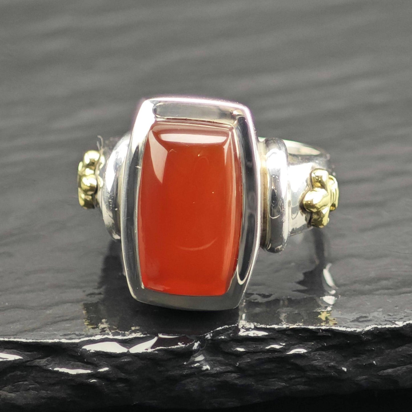 Ann King 18K Gold Carnelian Fleur-de-lis Sterling Silver Ring Sz 7 R6694