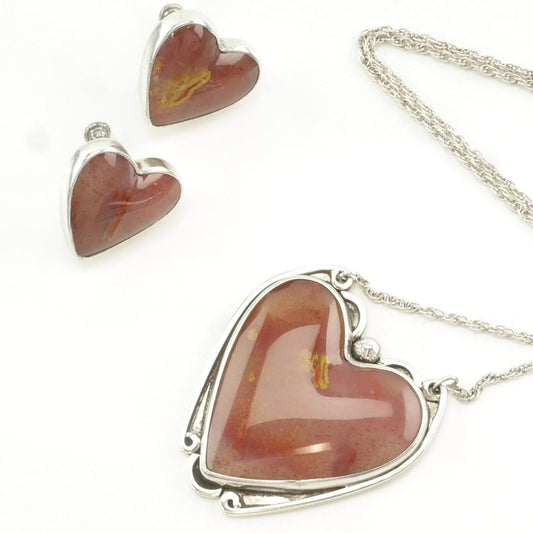 Vintage Sterling Silver Red Agate Heart Necklace Screwback Earring Set